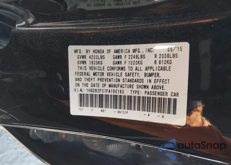 2015 Honda Accord Lx z USA, uszkodzony, nr VIN 1HGCR2F31FA195160